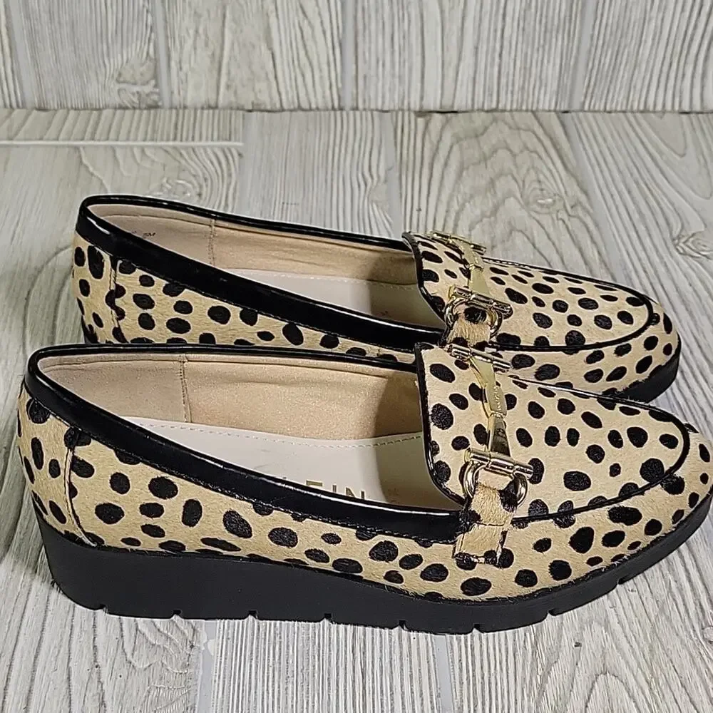 Anne Klein Lalita Cow Hair Dot Leopard Wedge Loafers Womens Size 5 NEW